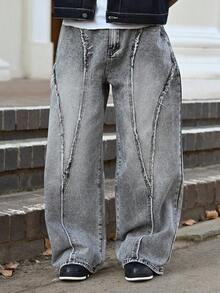 Devon Thys Men's Street Fashion Distressed Patchwork Vintage Washed Wide Leg Pants - Light Grey - View 5