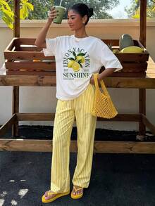 Veykashi 女款休閒長褲套裝，短袖T恤搭配長褲，居家服，檸檬印花，條紋長褲，適合日常通勤、約會、派對、秋冬春夏、聖誕節、新年、感恩節、婚禮、海灘、畢業典禮等場合，時尚優雅，休閒舒適，適合外出、約會、赴約，大尺碼2件套 - 彩色 - 查看 8