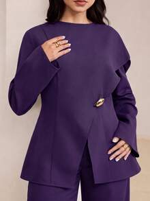 Veilorie Plus Size Metal Button Asymmetrical Hem Long Sleeve Shirt And Solid Color Long Pants 2 Pieces Set - Purple - View 5