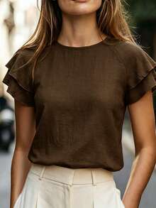 Balvessa Women's Double Layer Ruffle Raglan Sleeve Round Neck Top, Elegant Commute Style For Spring/Summer - Brown - View 4