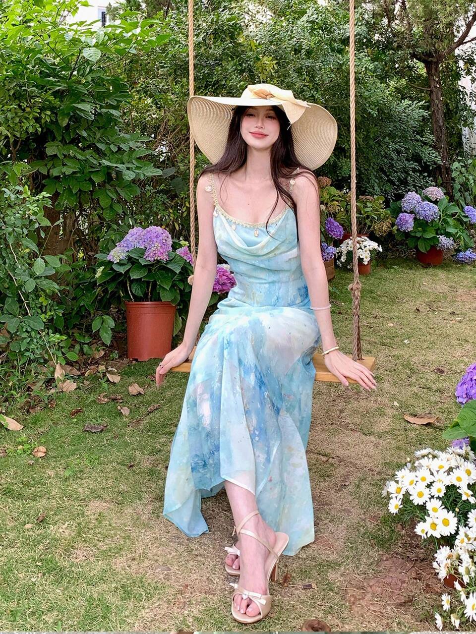 Women's Waist Cinched Spaghetti Strap A-Line Dress,Light Blue And White Summer Tropical Holiday Vacation Holiday,Elegant French Style Beach Sundress
