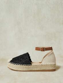 Styleloop Ladies Retro Black Vacation Style Hollow Woven Pull-Up Belt Hemp Rope Platform Shoes - Black - View 1