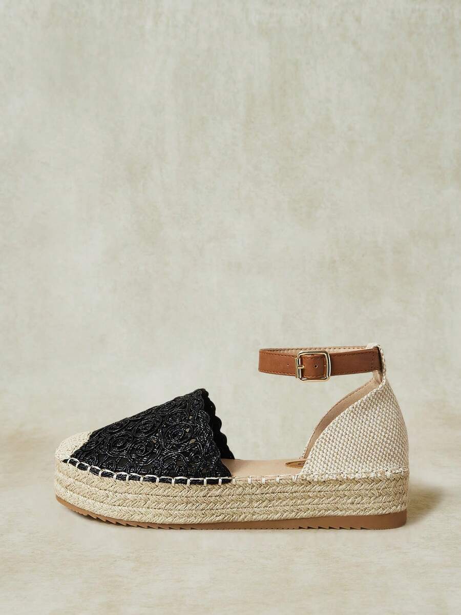Styleloop Ladies Retro Black Vacation Style Hollow Woven Pull-Up Belt Hemp Rope Platform Shoes - Black - View 1