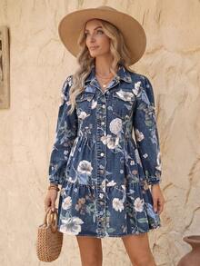 EMERY ROSE Vestido vaquero de manga larga con botones delanteros y bolsillo estampado, informal para mujer - Azul lavado oscuro - Ver 3