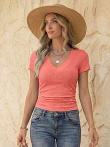 EMERY ROSE Women's V-Neck Asymmetrical Ribbed Casual Short Sleeve T-Shirt - Coral Pink - View 1