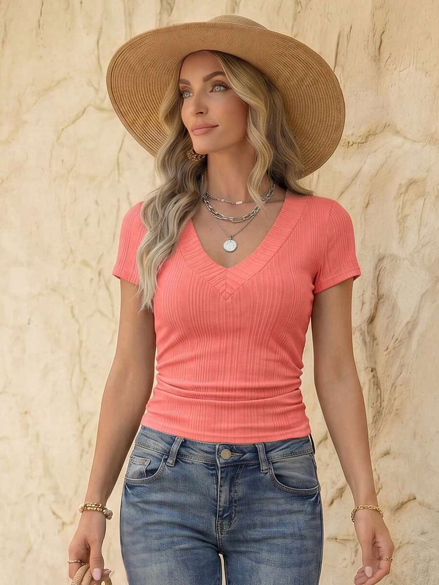 EMERY ROSE Women's V-Neck Asymmetrical Ribbed Casual Short Sleeve T-Shirt - Coral Pink - View 1