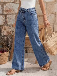 EMERY ROSE Women's Casual Asymmetrical Pockets Straight Leg Jeans - Dark Wash - View 3