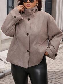 SHEIN Clasi Plus Size Minimalist Versatile Button Long Sleeve Jacket Vintage Fall - Camel - View 2