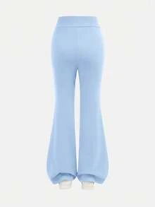 SHEIN Tween女孩休閒純色咖啡棕長袖上衣與喇叭褲兩件套 - 藍色 - 查看 6