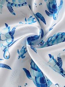 SHEIN 可爱海龟缎面领短袖短裤睡衣套装 - 藍白色 - 查看 7