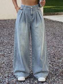 Dazy Plus Vintage Washed Distressed Loose Wide Leg Long Denim Pants, All Season Fall - Light Wash - View 4