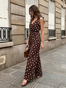 SHEIN PariChic Vintage Dark Brown Polka Dot Cami Jumpsuit For Women, Bow Tie Strap V-Neck Cinched Waist Wide Leg Draped Casual Long Pants - Brown - View 5