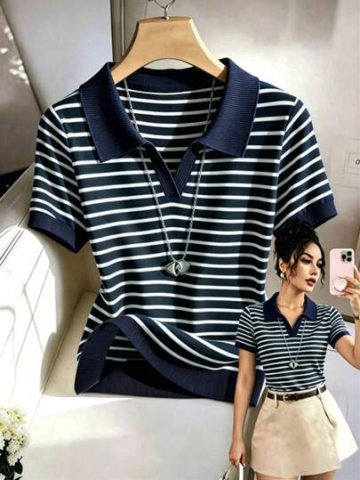 SHEIN Franclia تي شيرت نسائي كاجوال مخطط بياقة بولو وأكمام قصيرة، مناسب للارتداء اليومي والتنقل