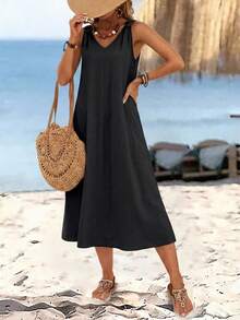 SHEIN LUNE Women's Solid Color Round Buckle V-Neck Sleeveless Midi Dress - Black - View 4