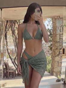 Swim Oasis Women's Solid Color Textured Swimwear Set For Vacation & Beach - Green - View 6
