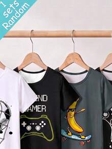(Random 1 Set) Tween Boys Pajamas Summer Hot-Selling Game Console, Soccer, 67 Pattern Allover Print Knit High Elastic Round Neck Top With All-Over Print Shorts Tight Fit Loungewear 2-Piece Set Sleepwear 1set - Black - View 3