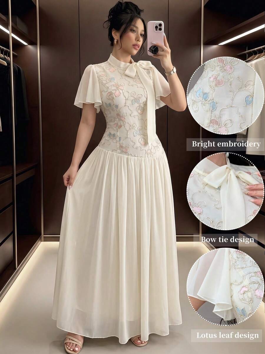 Modelyn Women's Lace-Up Waist Embroidered Patchwork Chiffon Dress Wedding Date Bachelorette Party Divorce Beige Summer Elegant Romantic Casual Flowy - Apricot - View 1