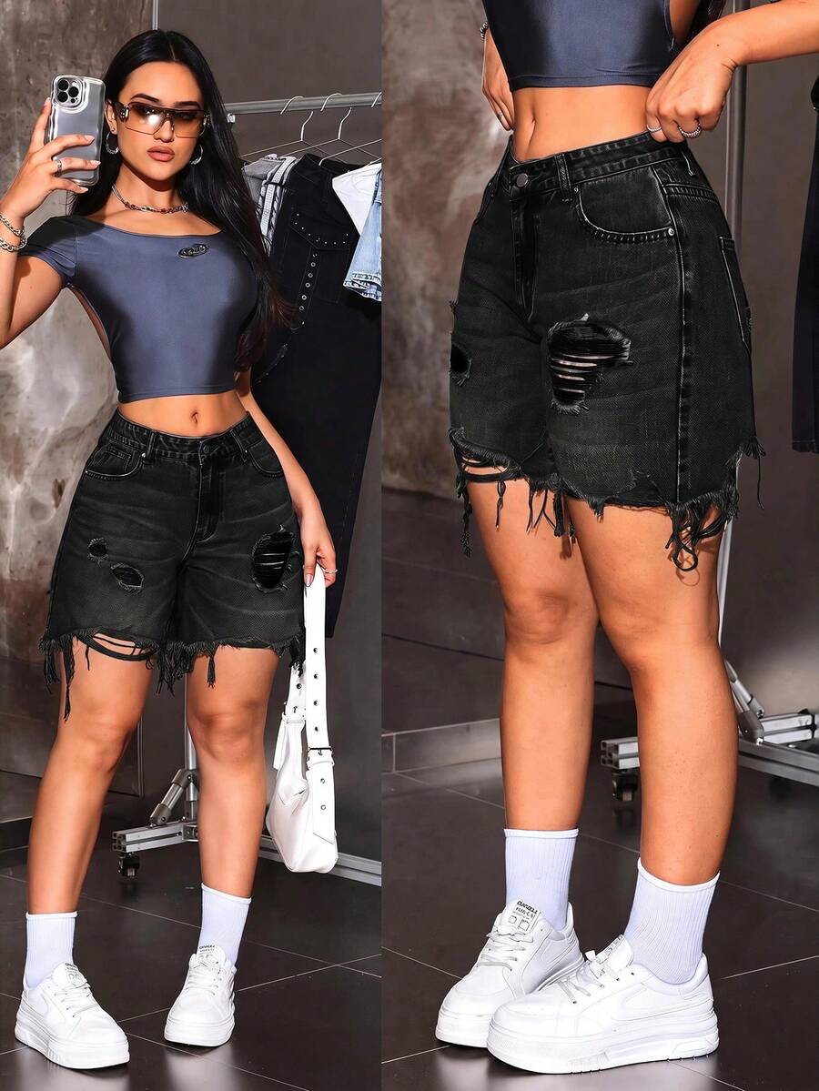 SHEIN Tall 女款街頭風破洞磨損毛邊牛仔短褲,適合高個女性 - 黑色 - 查看 1