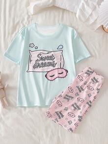 Teen Girl Cute Letter Print Casual Short Sleeve Top & Shorts Tight Pajama Set - Multicolor - View 1