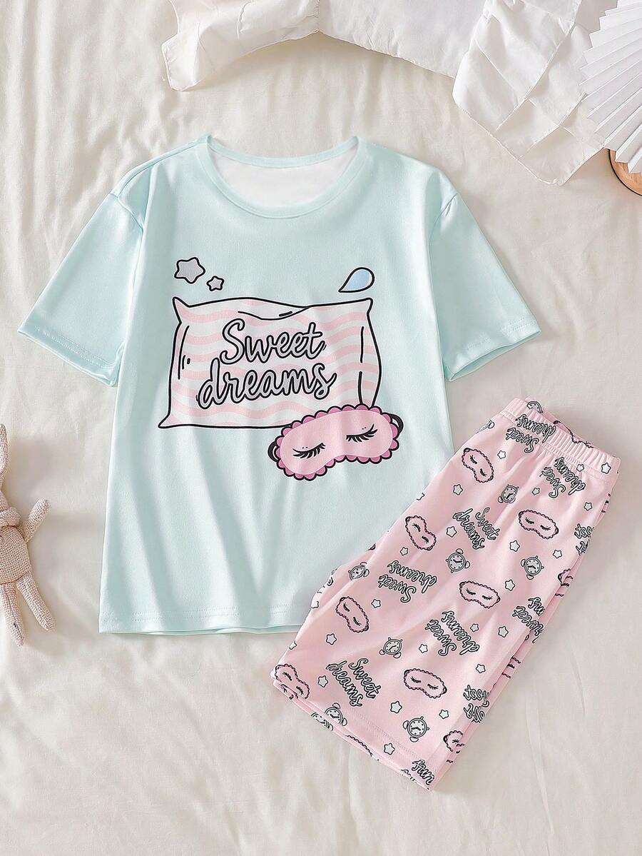 Teen Girl Cute Letter Print Casual Short Sleeve Top & Shorts Tight Pajama Set - Multicolor - View 1