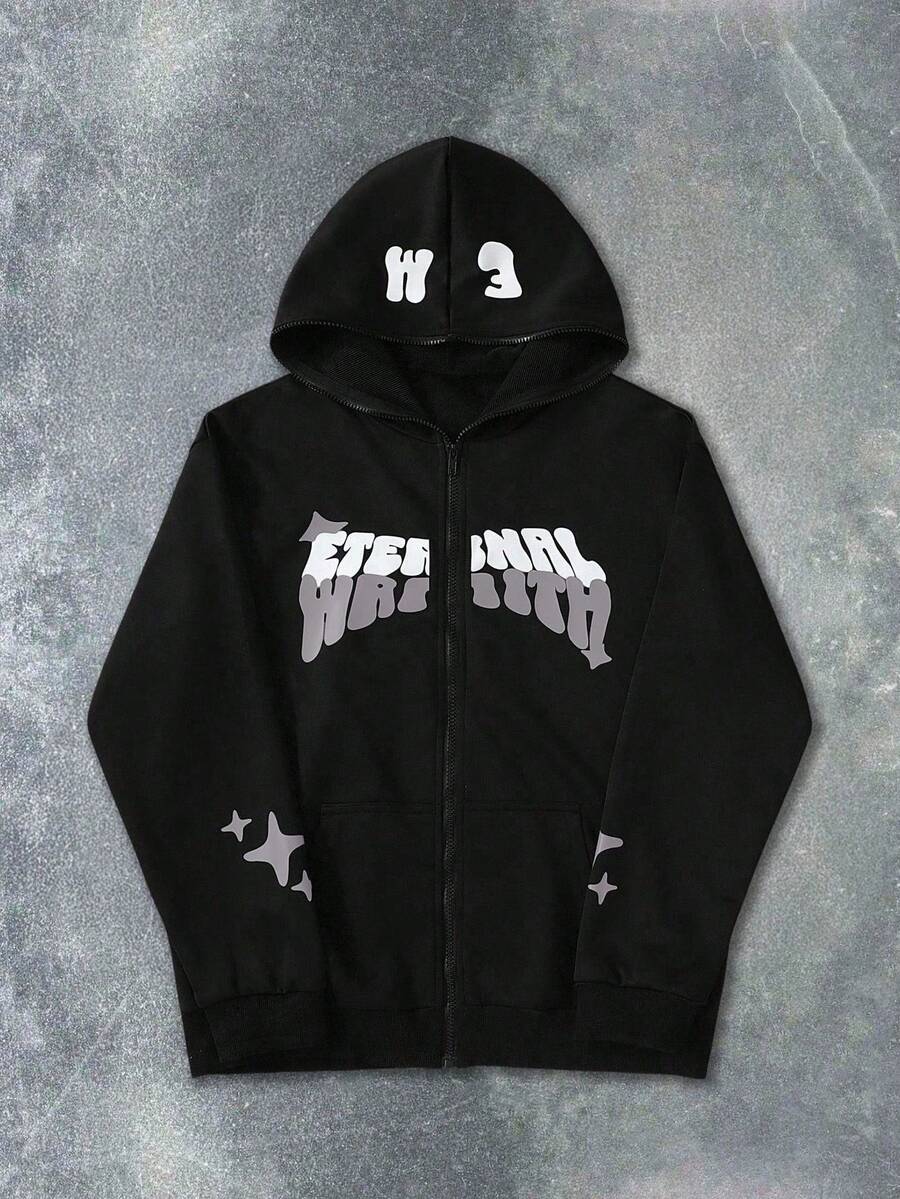 SHEIN Coolqubz Sudadera con capucha y cremallera de manga larga informal para adolescentes, elegante para otoño/invierno - Negro - Ver 1