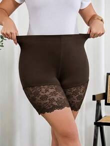 SHEIN Clasi Conjunto de 2 piezas de leggings para mujer talla grande, pantalones y shorts en negro y marrón chocolate, con dobladillo de encaje, elásticos, elegantes y casuales para oficina, vacaciones y verano - Café integral - Ver 5