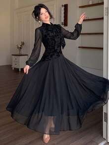 Modelyn Women's Tie Waist Ruched Positioned Print Long Sleeve Dress - Black - View 3