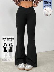 SHEIN PETITE 簡約純色包腰高腰喇叭褲 - 黑色 - 查看 5