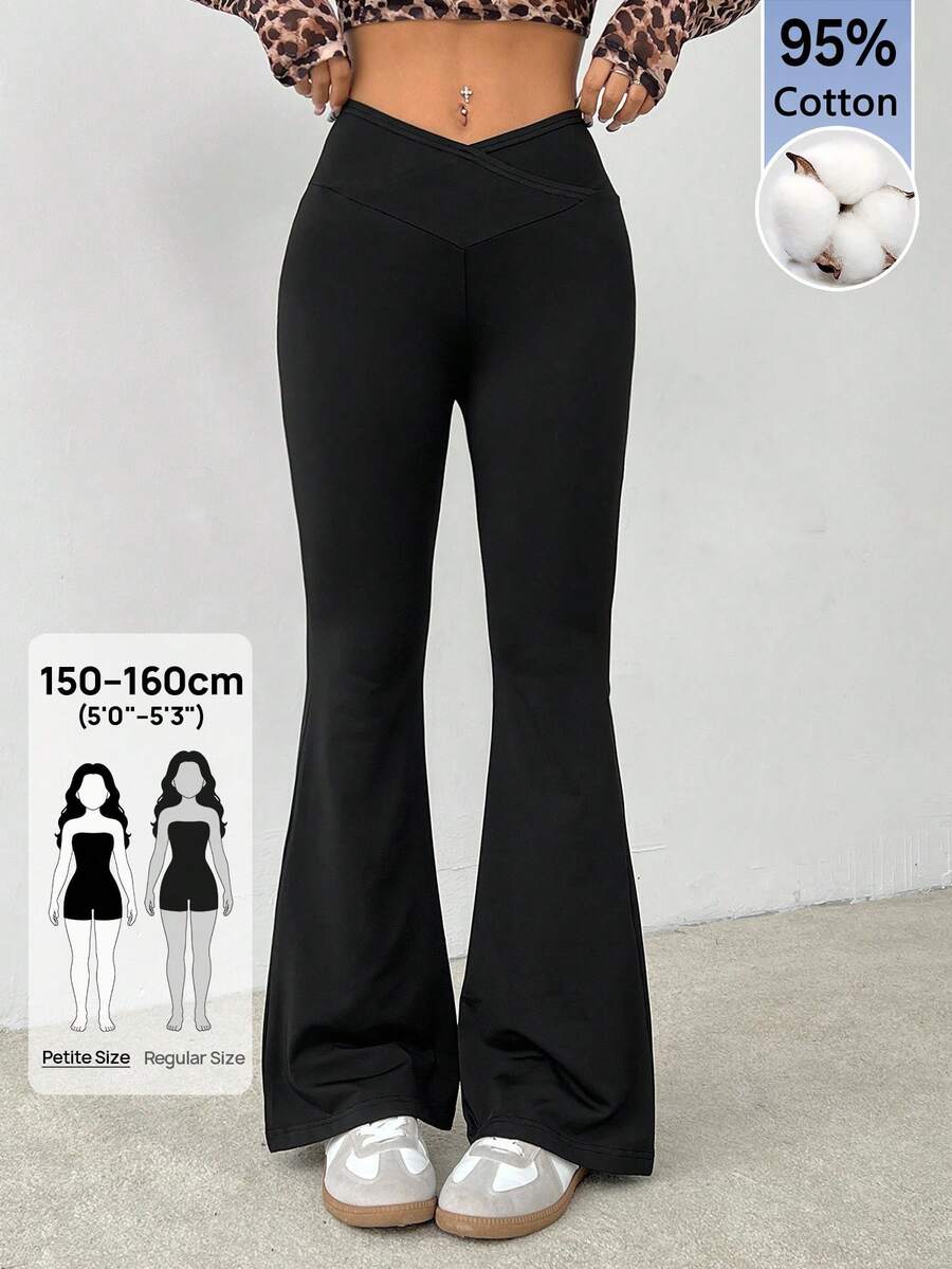 SHEIN PETITE Simple Solid Color Wrap High Waist Flared Pants - Black - View 1