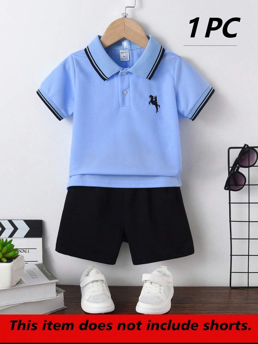 SHEIN Explorewe 男童夏季骑士条纹短袖休闲Polo衫 - 淺藍色 - 查看 1