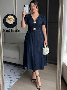 Feyla Plus Size Women's Metal Shell Decor Short Puff Sleeve Elegant Dress Fall - Navy Blue - View 4