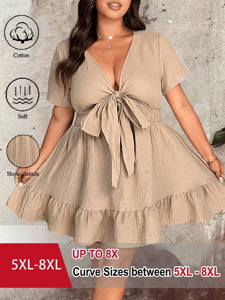SHEIN CURVE+ Plus Size Women's Daily Boho Casual Formal, V-Neck Cinched Waist Ruffle Hem Cotton Fabric Slimming Dress, Carribean Vacation, Khaki Summer - Camel - View 1