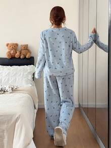 Napfluff Double-Sided Flannel Casual Polka Dot Bow Loose Fit Women's Pajama Set - Blue - View 2