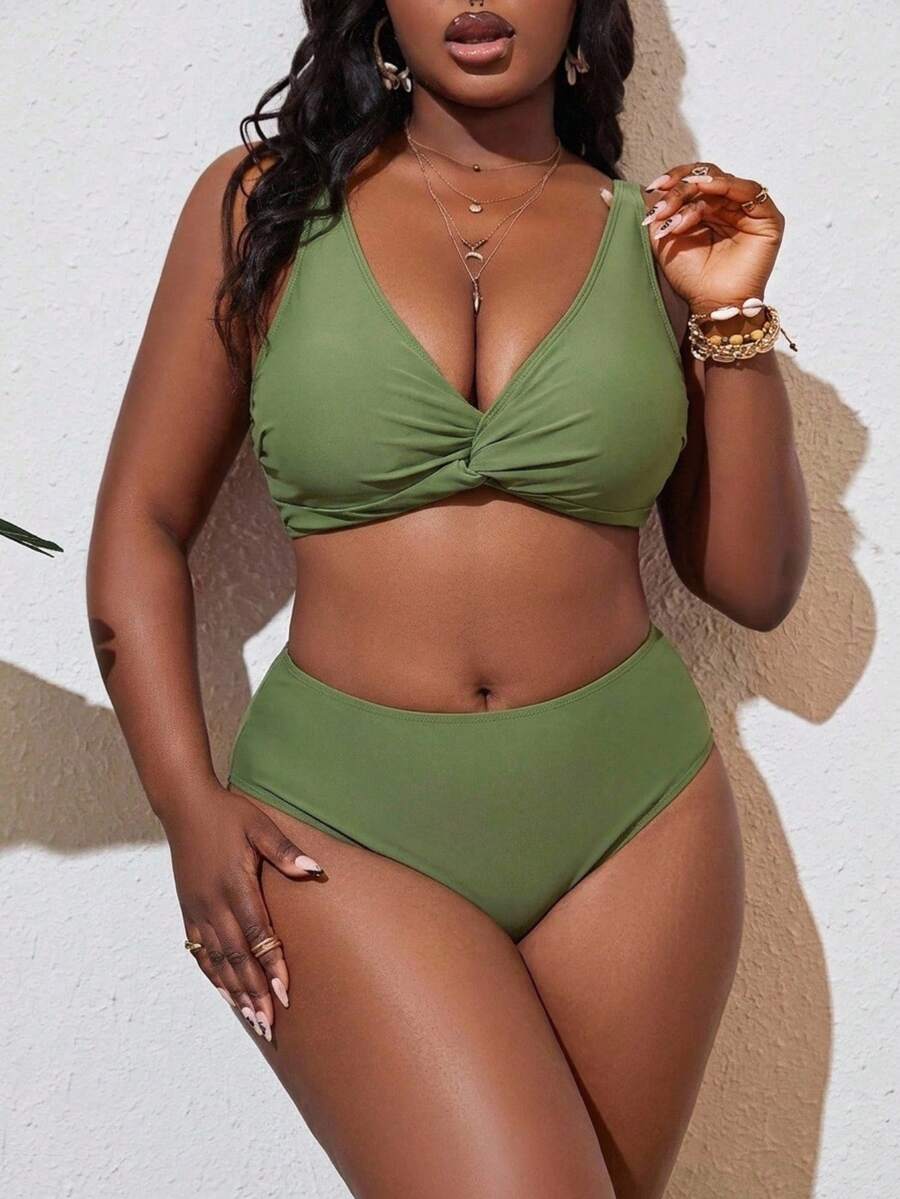 SHEIN Swim Curve 夏季海滩大码女式纯色扭纹前比基尼套装 - 軍綠色 - 查看 1