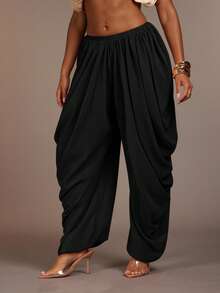 Hauture Women's Summer Casual Vacation Loose Pleated Wide Leg Pants - Black - View 2
