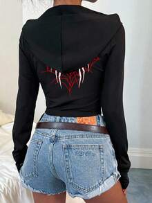 Attitoon Halloween Goth Y2K Spider /Spider Web Basic Hoodie - Black - View 9