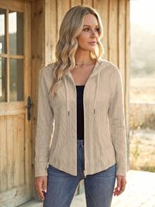 EMERY ROSE Women's Long Sleeve Drawstring Hooded Textured Zip-Up Casual Jacket Fall Winter Cloth For Women - Khaki - View 3