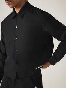 SUMWON Solid Black Cropped Boxy Shirt With Point Collar Metal Snap Buttons Long Sleeves Smart Casual Overshirt For Autumn Winter - Black - View 6