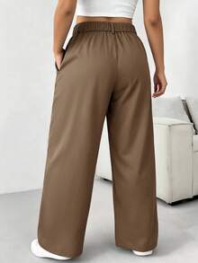 SHEIN PETITE CURVE Plus Size Solid Color Button Casual Wide Leg Pants Graduation,Back To School, - Camel - View 2