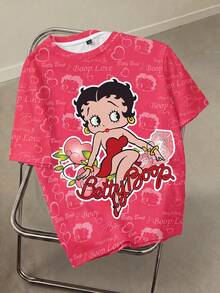 Betty Boop x SHEIN 大尺碼女款夏季街頭風 Y2K 可愛休閒通勤約會時裝週度假卡通字母印花短袖 T 恤 粉色 - 白色 - 查看 1