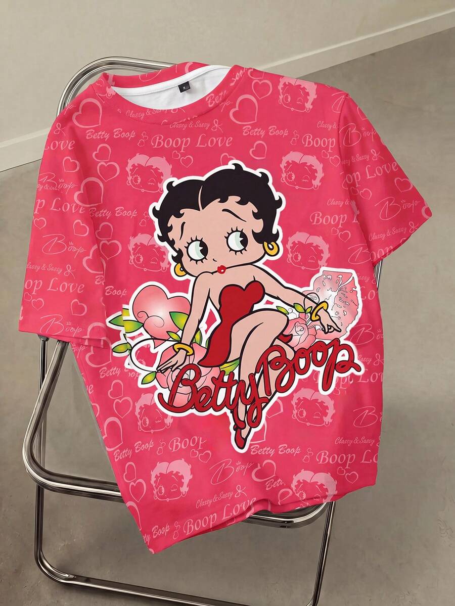 Betty Boop x SHEIN 大尺碼女款夏季街頭風 Y2K 可愛休閒通勤約會時裝週度假卡通字母印花短袖 T 恤 粉色 - 白色 - 查看 1