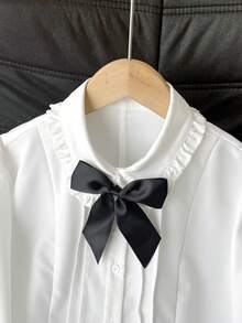 SHEIN Tween女孩女童襯衫，秋冬春夏休閒優雅百搭白色極簡修身長袖領口百褶襯衫，女童白色襯衫，返校季白色襯衫 - 白色 - 查看 8