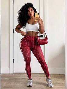 BamGleam Women's Burgundy Colorblock Casual Daily Travel Sports Tight Leggings Gym Prom Summer - Red and White - View 1