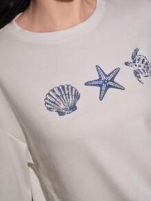 Anewsta Sudadera de cuello redondo de manga larga con estampado de patrón de concha y remaches para mujer - Blanco - Ver 7