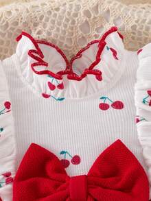SHEIN Playful Pals Newborn Girls Knitted Ribbed White Ruffle Lace Large Trim Patchwork Waist-Cinched Textured Fabric Dress, Sweet Cute Casual Spring Dress For Kids - Red - View 8