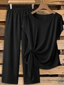 SHEIN Clasi Women's Summer Solid Color Round Neck Top And Long Pants Casual Daily Outfit - Black - View 3