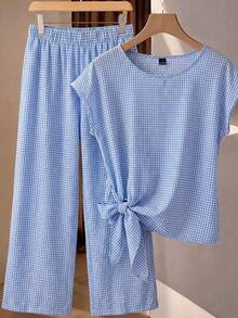 SHEIN Clasi 女款圓領格紋百褶上衣與長褲休閒日常兩件套 - 藍白色 - 查看 5