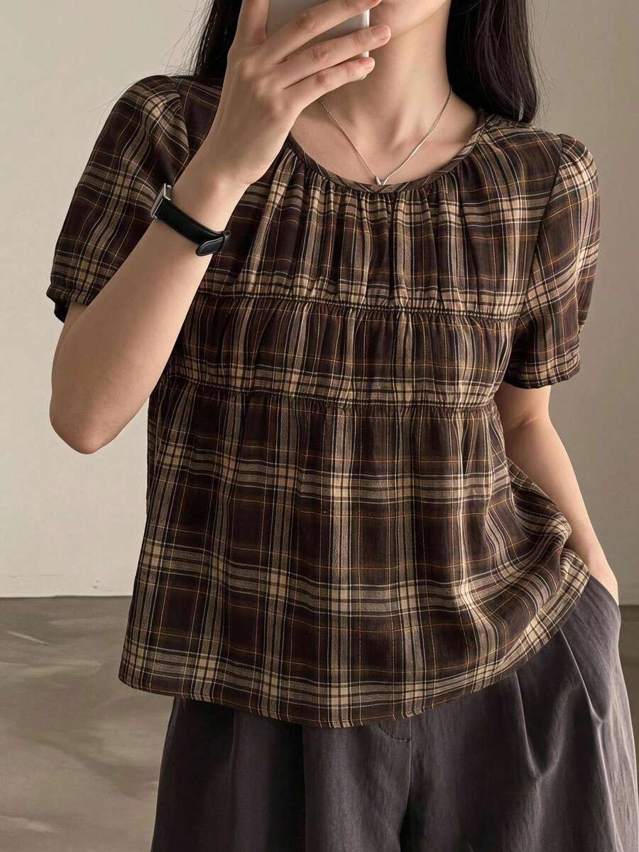 Yumoku قميص نسائي كاجوال صيفي بنقشة مربعات وأكمام قصيرة - متعدد الألوان - مشاهدة 1