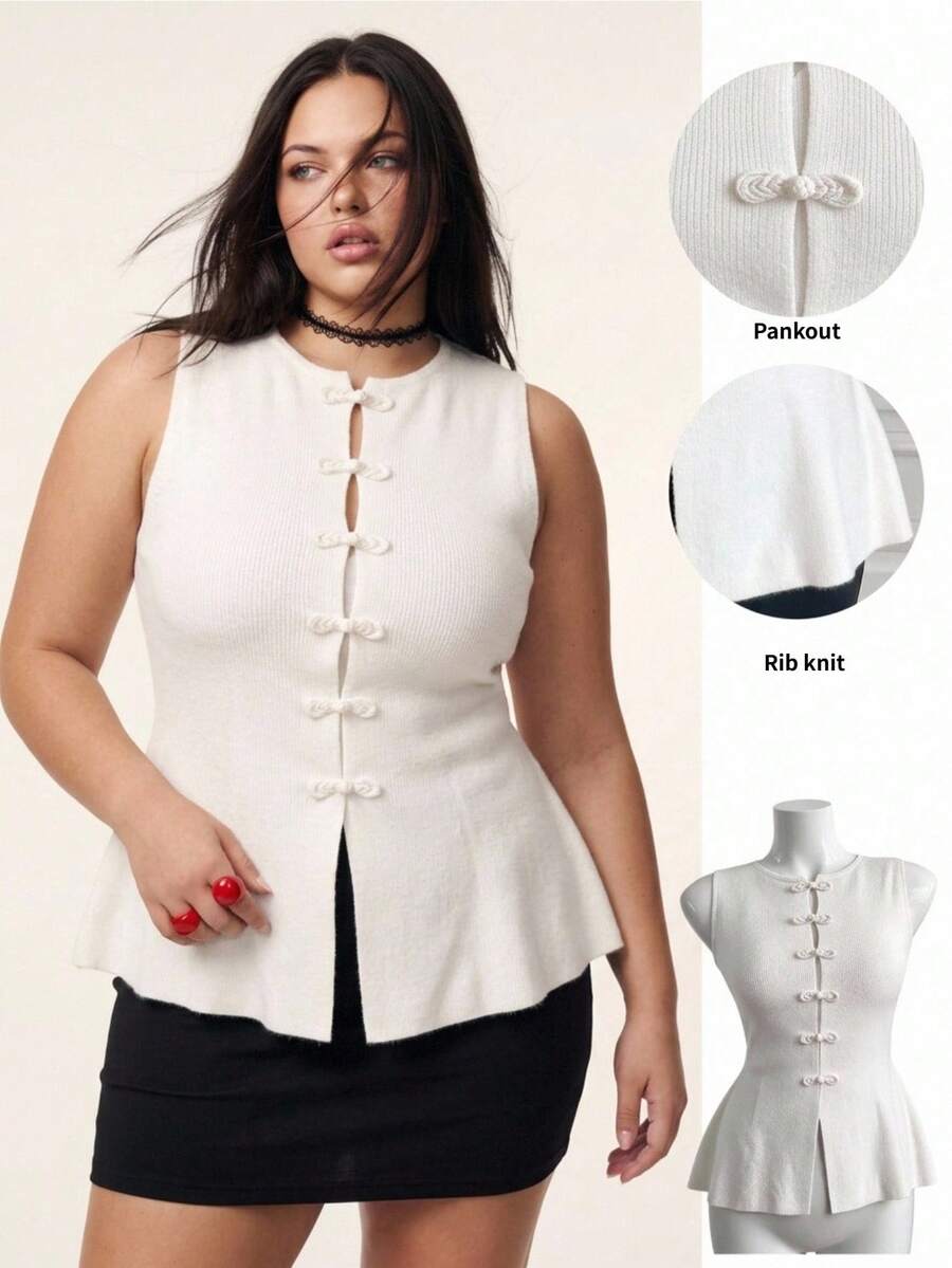 Comfortcana Plus Size White Vintage Elegant Frog Button Sleeveless Knit Waist-Defining Top Evening Formal Date Night Summer - White - View 1