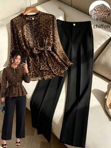 GlowEve CURVE Plus Size Leopard Print Chiffon Crew Neck Blouse&Black Straight-Leg Pant Two Pieces Set,Metal Button,Elegant Office Wear,Dinner,Casual Daily,Autumn - Multicolor - View 1